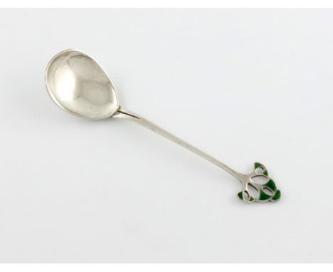 By William Hutton and Sons, an Edwardian Art Nouveau silver and enamel spoon, London 1903, fig shaped bowl, bifurcated taperi