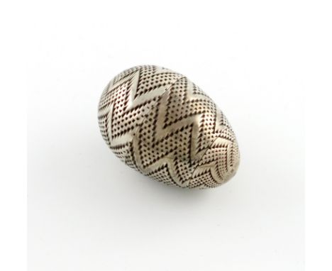 A 19th century continental silver egg pomander/spice box, maker's mark possibly VR conjoined, egg form, engine-turned decorat