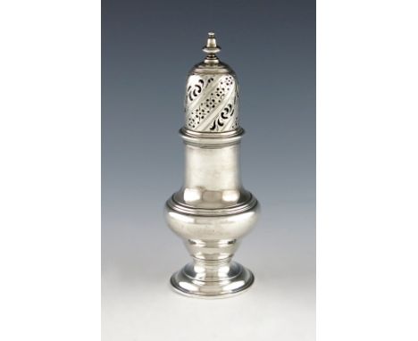 A George II silver sugar caster, by Samuel Wood, London 1754, baluster form, pull-off cover with a knop finial and pierced de