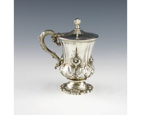 An unusual early-Victorian silver lidded mug, by Henry Wilkinson and Co, Sheffield 1837, campana form, embossed and applied f