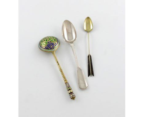 A small collection of three Russian silver spoons, comprising: a silver-gilt and enamel spoon, Moscow 1896-1907, circular bow