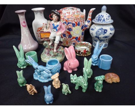 A CHINESE BLUE AND WHITE VASE WITH COVER 18cm high, a Chinese teapot, Sylvac style bunnies and other animals, (mostly unmarke