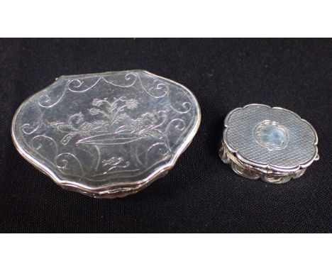 A SILVER VINAIGRETTE BY EDWARD SMITH, BIRMINGHAM 1856 of oval form, engraved, and an unmarked white metal snuff box, possibly