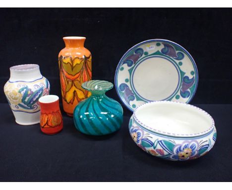 TRUDA ADAMS FOR CARTER STABLE ADAMS POOLE a dish, and other Poole pottery including Delphis ware and a Mdina glass vase