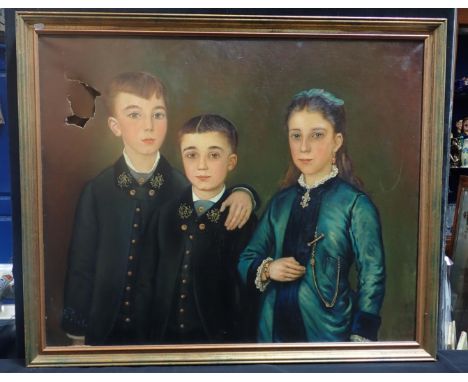 LEOPOLD PICK: A NAIVE PORTRAIT OF THREE CHILDREN oil on canvas, late 19th century, probably Austrian or German, 109 x 90cm (h
