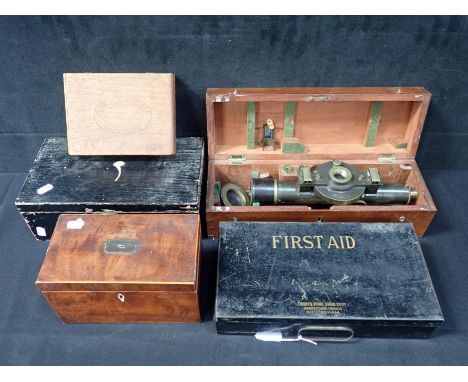 A THEODOLITE BY TROUGHTON AND SIMMS, LONDON cased, together with a First Aid metal box, a teacaddy and other boxes