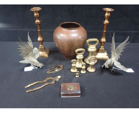 A SHEFFIELD PLATE SNUFF BOX early 19th century, with other metal wares including an Arts &amp; Crafts style vase, a pair of c