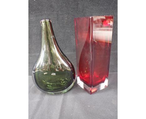 AN ORREFORS SQUARE VASE, SIGNED 487-68 (small chip to rim), and another of teardrop form 170-72, each 22cm high (2)
