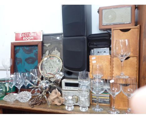 A QUANTITY OF SUNDRIES including Technics ST-HD 310 tuner, and amplifier, CDs, tape cassettes, glass ware, old keys etc
