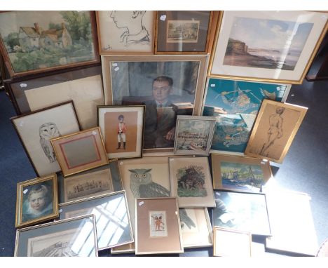 A QUANTITY OF PICTURES AND PRINTS including a pastel portrait of a man, and a chalk drawing, possibly the same sitter as a bo