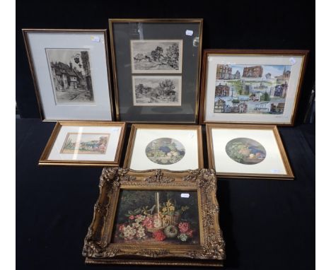 REGINALD GREEN 1884-1971: 'RYE, MERMAID ST' etching, framed 37 x 30cm, a small watercolour of a village, and various other pr