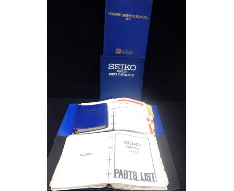 THREE SEIKO WATCH PART CATALOGUES a Timex Service Manual and parts catalogue; and a Roma Service Manual no. 7 (5)