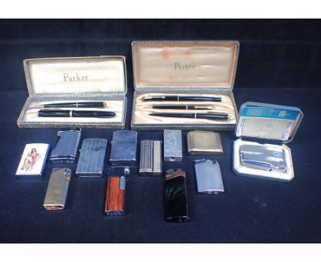A COLLECTION OF PARKER PENS one with gold nib, boxed, 1950s, and vintage lighters