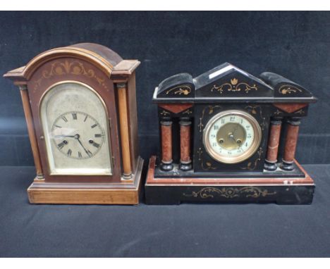 A CLASSICAL STYLE STRIKING MARBLE AND SLATE MANTEL CLOCK with Aesthetic style decoration, and an 18th century style bracket c