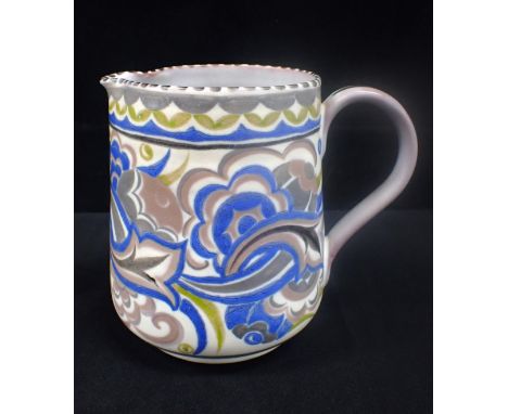 A POOLE POTTERY JUG, PAINTED BY RUTH PAVELY with stylised flowers and leaves, circa 1925-34, impressed, incised and painted m
