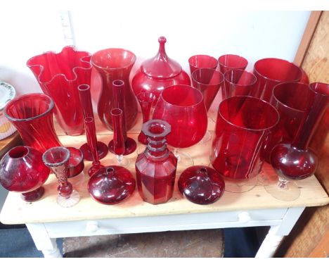 A COLLECTION OF RUBY GLASS WARE differing styles and makes
