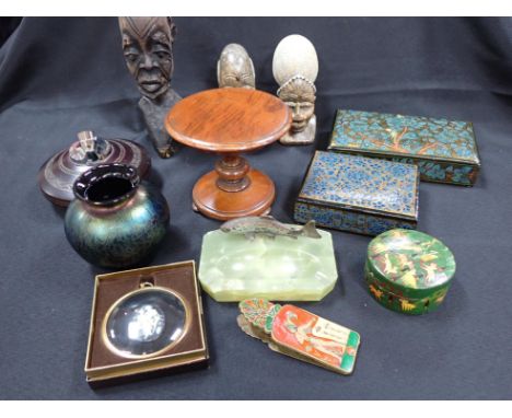 A COLD-PAINTED BRONZE TROUT MOUNTED AS AN ASHTRAY on an onyx base (worn), a Royal Brierley Studio iridescent vase, a miniatur