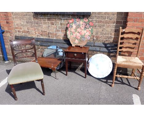AN ART DECO FRAMELESS MIRROR, WITH CUT STARS and circles, another similar (chips), a vintage floral painted firescreen (warpe