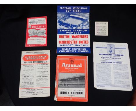 A 1958 FOOTBALL ASSOCIATON CUP FINAL TICKET AND COMMUNITY SINGING LEAFLET (May 3rd), and other football programmes; Arsenal v