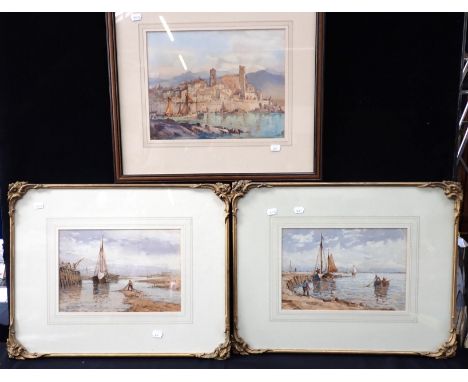 R H NIBBS Pair of Victorian watercolours of harbour scenes, 1886, 57 x 46cm, with another watercolour of a continental fishin