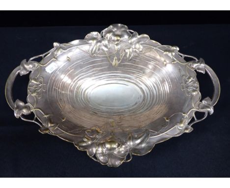 A WMF SILVER-PLATED ART NOUVEAU DISH oval, with handles, raised on a foot 29 x 41cm