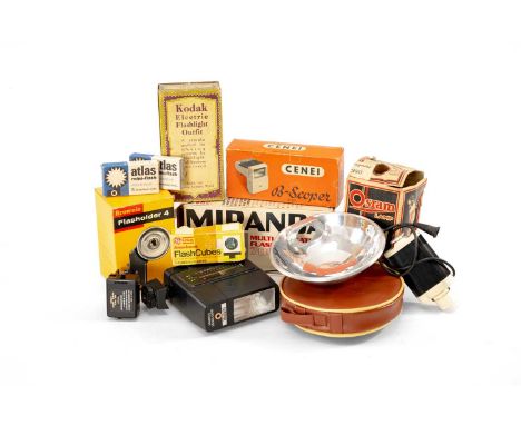 ASSORTED CAMERA FLASHES AND FLASH ACCESSORIES, including Kodak Electric Flashlight Outfit, Kodak Flashholder 4, Osram lamp et