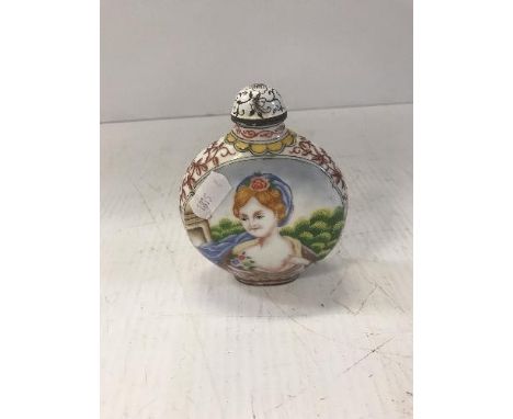 A Chinese enamel moon flask shaped snuff bottle decorate in the European manner with an elegant lady in a landscape to each s