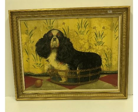 PAUL STAGG "King Charles Spaniel in a Basket", oil on canvas, signed lower right, inscribed on "Stephanie Hoppen" stock label