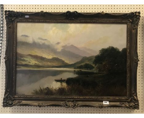 H R HALL (1886-1902) "Highland Loch Landscape with Figure in Row Boat in Foreground", oil on canvas, signed lower left, appro
