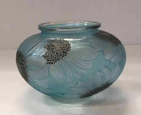 A Lalique 'Dahlias' pattern vase of squat form in blue and black, 12 cm high CONDITION REPORTS Has a small chip to the outsid