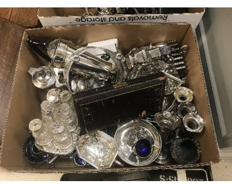 Two boxes of various plated wares including cutlery, pair of two branch three light candelabra, cruet set, tea wares, vases, 