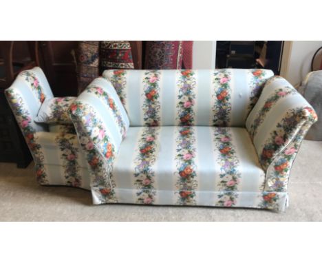 A circa 1900 floral stripe upholstered double drop-arm sofa on square tapered legs, 149 cm wide, together with a matching uph