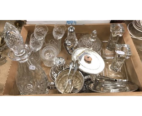 A collection of glassware to include a pair of Waterford Crystal candlesticks, approx 15 cm high and a decanter, etc, togethe