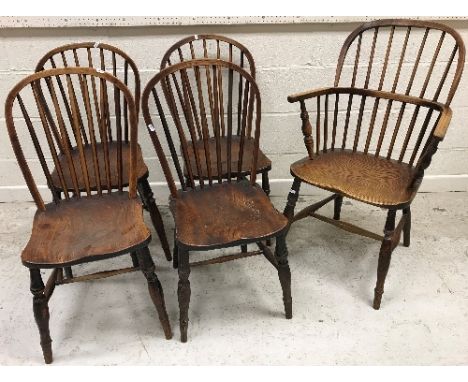 A 19th Century ash stick back Windsor type elbow chair on turned legs united by an H stretcher, together with four ash and el