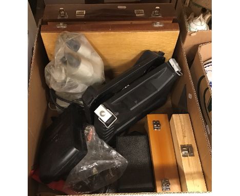 A box of assorted hand tools to include a Parkside cordless grinder, a box of assorted knives, etc, together with a box of su