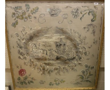 OLIVIER KESSEL "Royal Coach Bearing Elizabeth II Cipher Above", printed on fabric with silvered highlighting (silk scarf for 