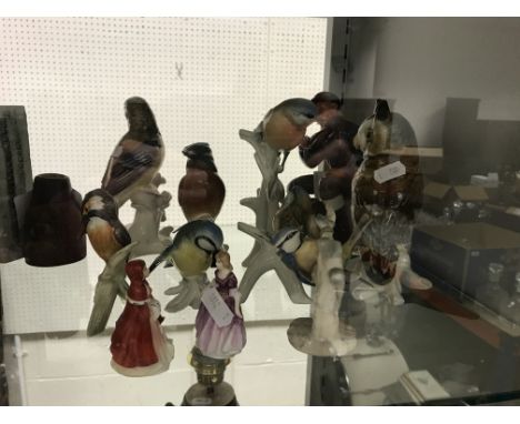 Five various Karl Ens bird figures together with a Goebel bird figure "blue titmouse" and another "kingfisher", together with