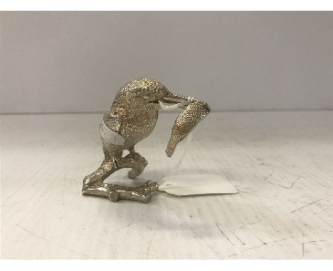 A modern silver model of a kingfisher with fish in its beak sat upon a branch (London 2016 by S.L. within a shaped punch), 7.