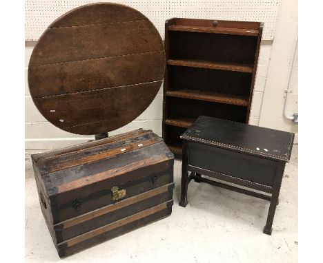 A 19th Century oak tea table, the circular snap top on a pedestal tripod base, a 19th Century mahogany toilet mirror on three