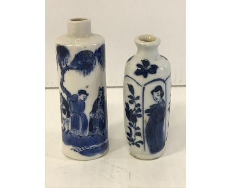 An 18th Century Chinese blue and white snuff bottle of cylindrical form, the main body decorated with figures in a waterside 