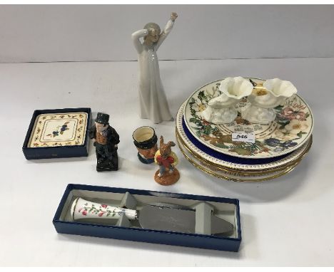 A Royal Doulton figure "Bill Sykes", "Mr Micawber", a Sweetheart Bunnykins, a Nao figure of a girl yawning, pair of Royal Wor