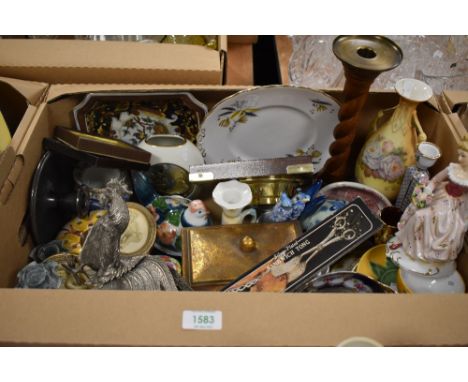 A box of mixed ceramics and ornaments, to include a metal fighting cockerel, chamberstick, Precision barometer, and other ite
