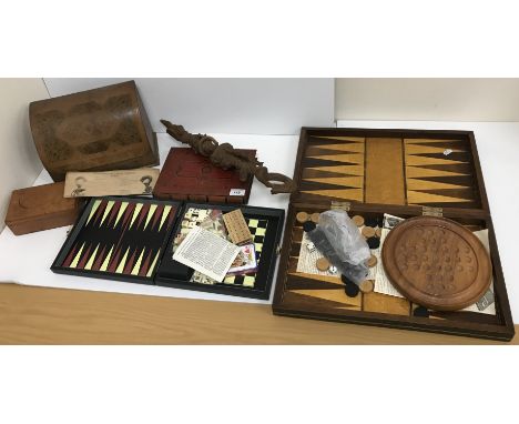 A collection of various sundry decorative items including a late Victorian tooled and gilded leather stationery box in the ma