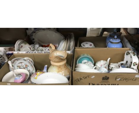 Four boxes of assorted decorative china and glassware to include a collection of Minton "Haddon Hall" part tea and dinner war