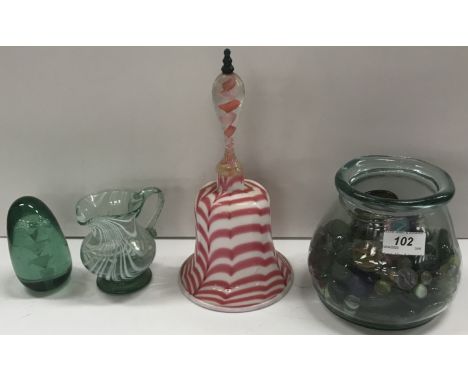 A 19th Century Nailsea type white enamel green glass baluster shaped jug 10.5 cm high, a Nailsea type pink and white glass mo
