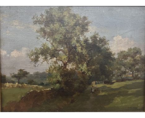 MAUD RAPHAEL JONES "Woman with dog in landscape" oil on board, signed and indistinctly dated lower right, 30 cm x 39 cm 