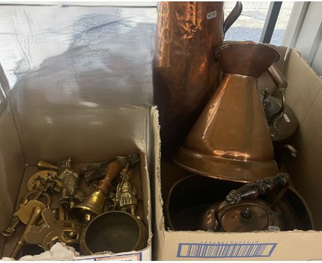 A box of various copper wares to include haystack measure, coal scuttle, two kettles and an oval pan and a box of various bra