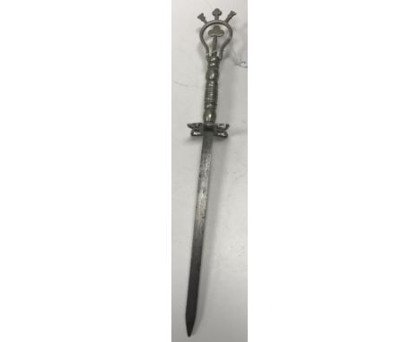 A Cotswold School Arts & Crafts fire poker of dagger form, the handle with club and turned decoration with pierced hilt, the 