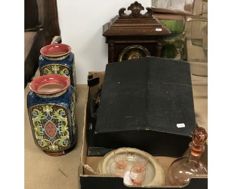 A pair of Mettlach polychrome decorated vases of square form, 27.5 cm high, a pink glass liqueur decanter and four glasses, a