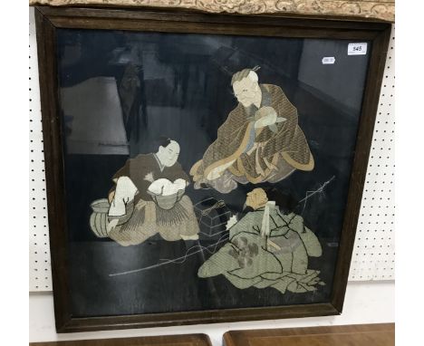 19TH CENTURY JAPANESE SCHOOL "Three figures preparing for fishing" silk embroidery / needlework, 60cm x 60cm